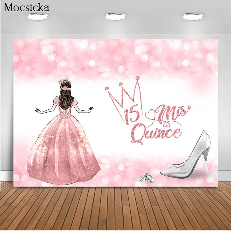 Mocsicka 15th Birthday Photography Background Princess Pink Decoration Studio Props Girl Happy Birthday Photo Background Banner