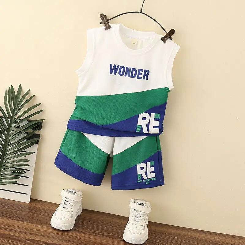 Odjeća za dječake Ljetnim Tanke Bez rukava 2023 Dječji Kontrastne Boje Sportska Moda S po cijeloj površini Svakodnevni Koreanska verzija Majice-dvojka