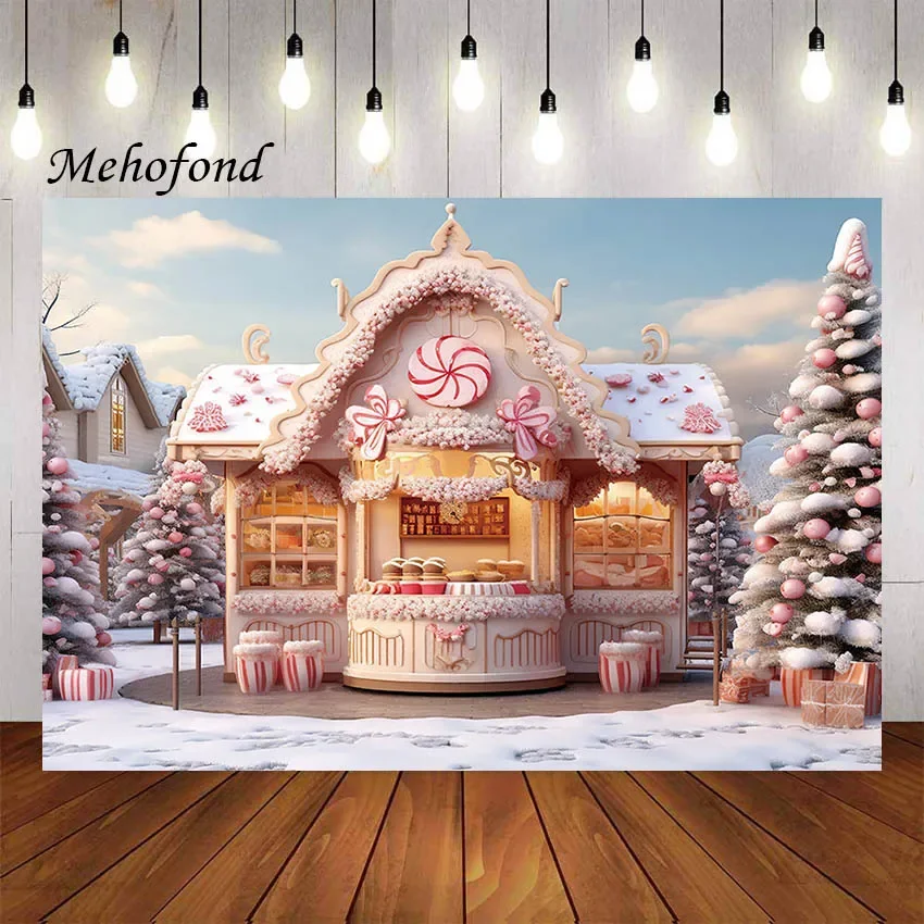Pozadina za fotografiranje iz Мехофонда, Zimski Božićni dom u poslastičarnicu, Snježne Božićno drvce, dekoracija za dječju obiteljski portret, podloga za foto-studio