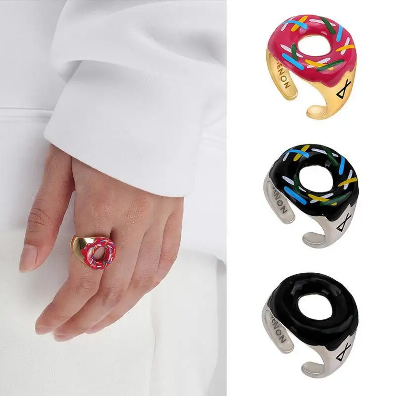 Romantično prsten s emajlom u obliku krafne Lisa NONENON za žene, djevojčice, Metalni podesiv prsten u stilu Ins, ukrasi za ženske plesne zabave